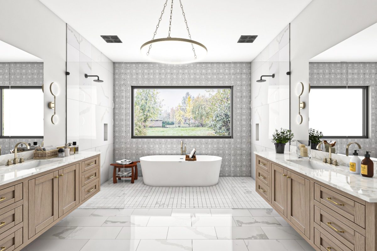 Elegant bathroom with a freestanding tub and large window.