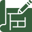 Icon of a pencil drawing a blueprint, featuring a grid and a partially constructed structure.